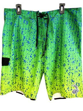 Pelagic Dorado Boardshorts 36 Green Yellow Ombre Scales Splatter Pockets Swim